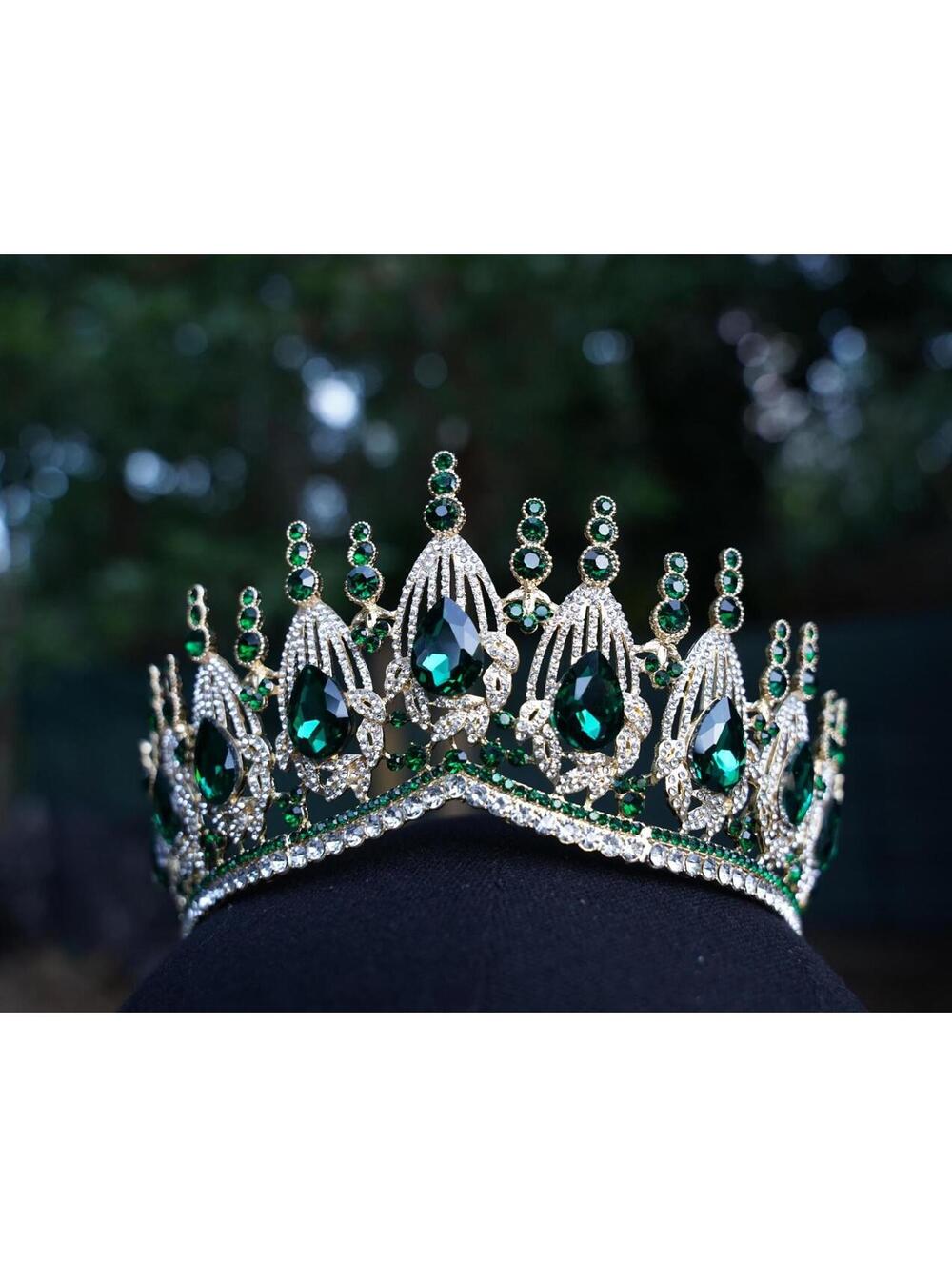 Gold Emerald Green Crystal Tiara Bridal Crown Birthday Wedding Gift Diadem Fan